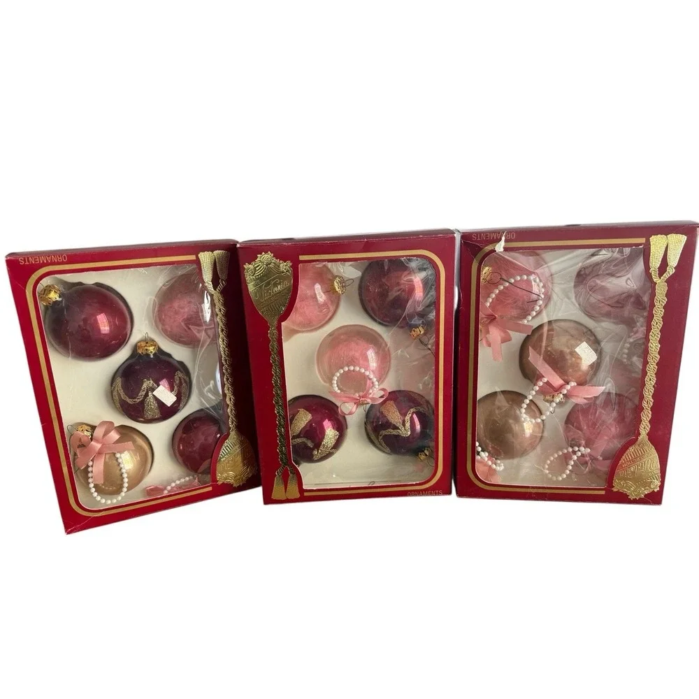 Victoria Collection Glass‎ Christmas Ornaments Pink Gold Red Lot of 15 Retro